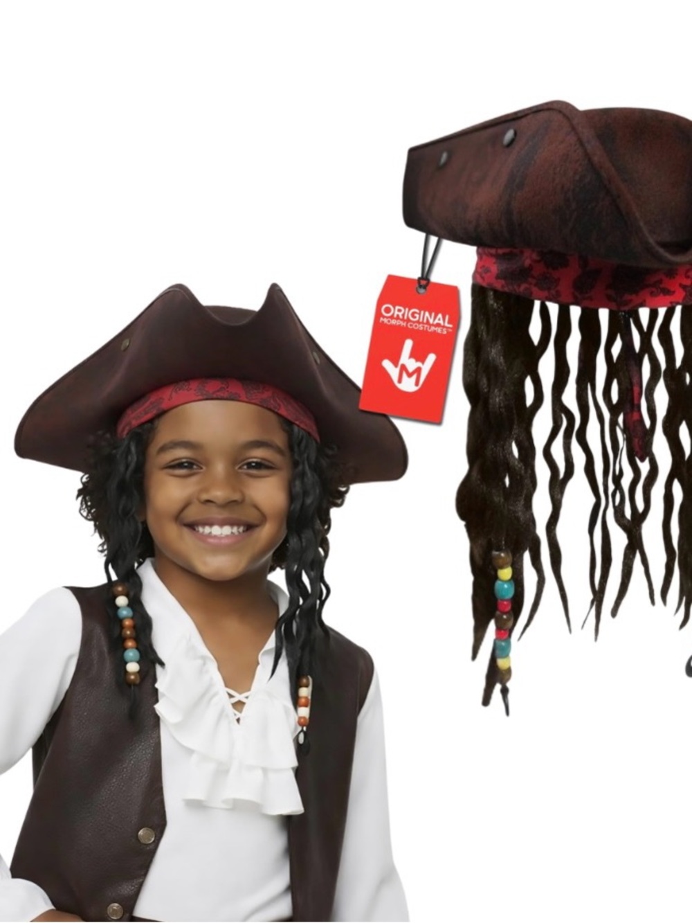 Nicky Bigs Novelties Morph Pirate Hat For Kids, Tricorn Hat With Dreadlock